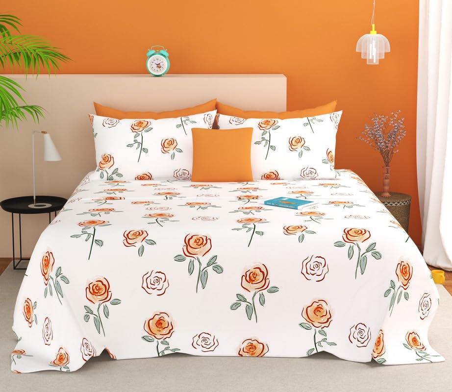 SANMARINO King Size Bedsheet | Cloud Cotton Flatsheet King Size with Two Pillow Covers | 280 TC | Super Soft Bed Sheet for King Size Bed | Floral Design (254 x 230 cm, White & Yellow)