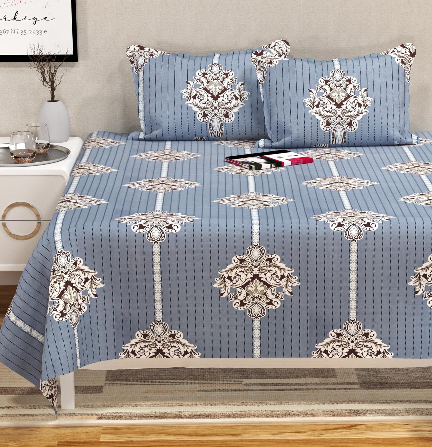 Breeze Cotton Flat Bedsheet – Double Bed Grey & White | San Marino Living