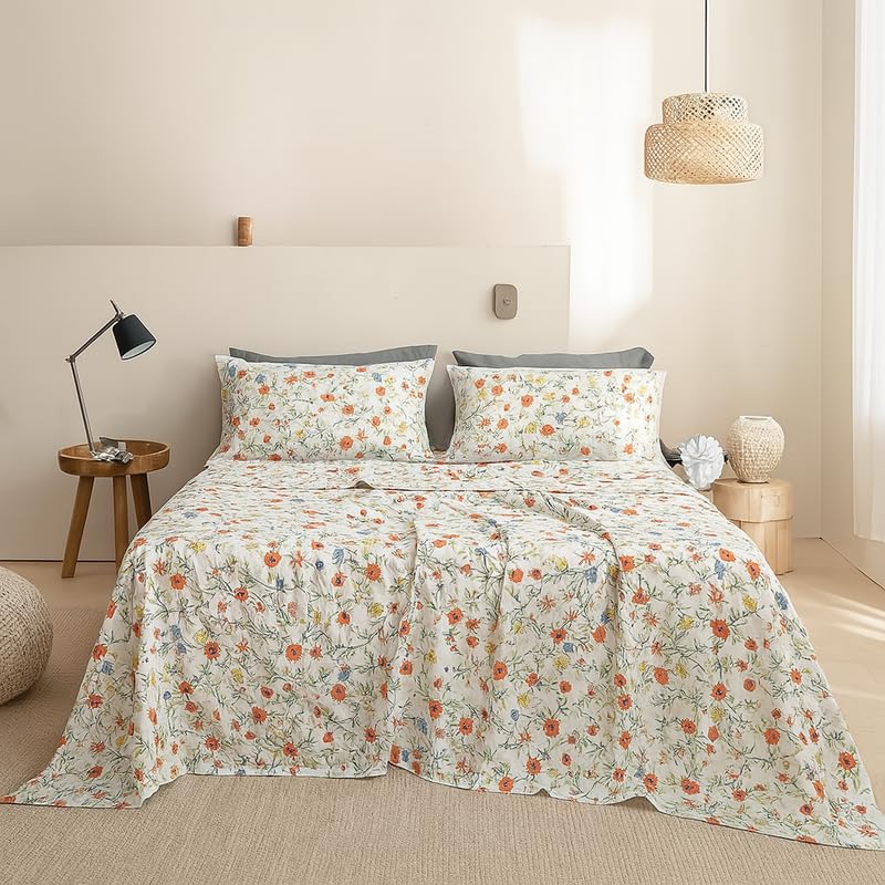 SANMARINO 300 TC Microfiber XXL Soft Cotton Super King Size Bedsheet | White Floral Prints