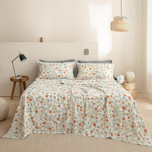SANMARINO 300 TC Microfiber XXL Soft Cotton Super King Size Bedsheet | White Floral Prints