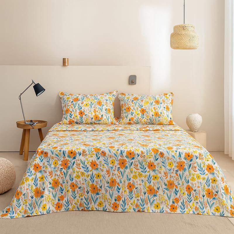 SANMARINO 300 TC Microfiber XXL Soft Cotton Super King Size Bedsheet | White & Rust