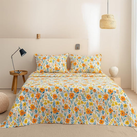 SANMARINO 300 TC Microfiber XXL Soft Cotton Super King Size Bedsheet | White & Rust