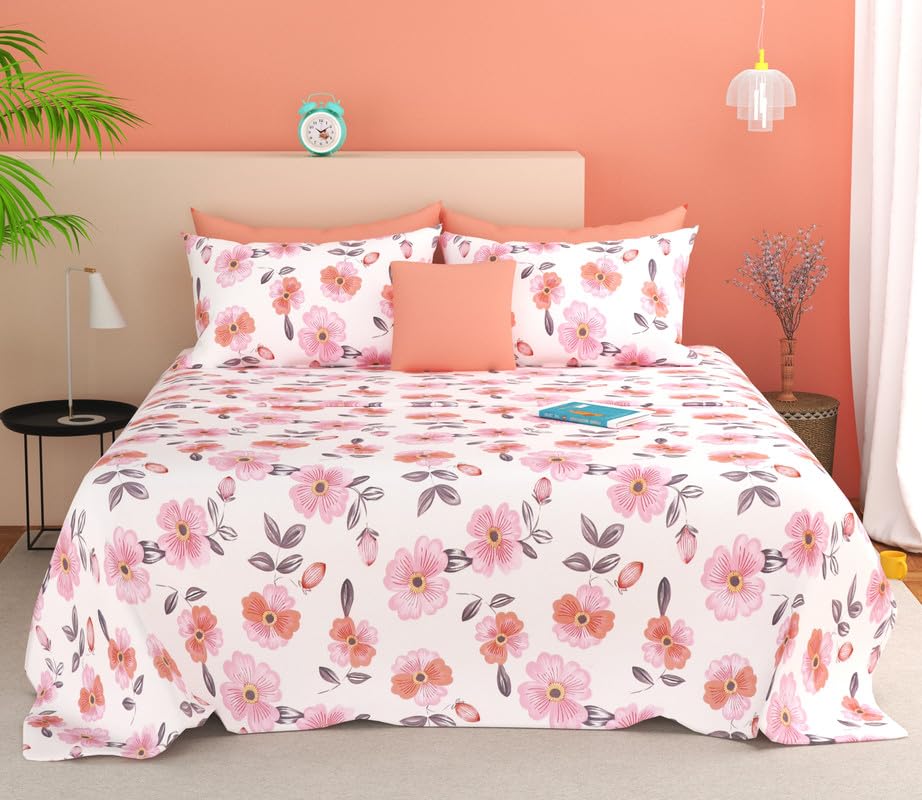 SANMARINO King Size Bedsheet | Cloud Cotton Flatsheet King Size with Two Pillow Covers | 280 TC | Super Soft Bed Sheet for King Size Bed | Floral Design (254 x 230 cm, White & Pink)
