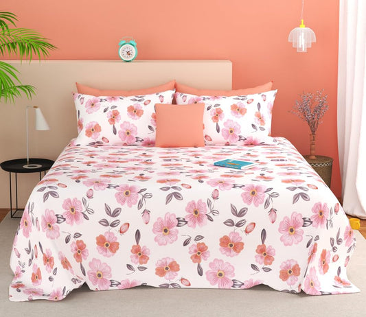 SANMARINO King Size Bedsheet | Cloud Cotton Flatsheet King Size with Two Pillow Covers | 280 TC | Super Soft Bed Sheet for King Size Bed | Floral Design (254 x 230 cm, White & Pink)