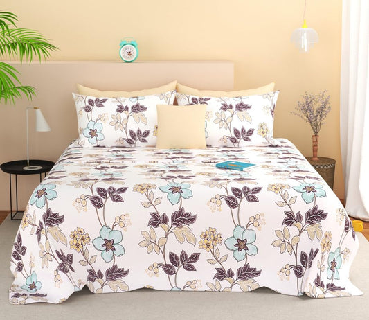 SANMARINO Cloud Cotton King Size Bedsheet – 280 TC Floral Design (White & Purple)