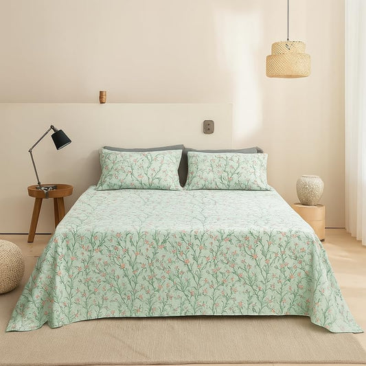 SANMARINO 300 TC Microfiber XXL Soft Cotton Super King Size Bedsheet | Light Green & Pink