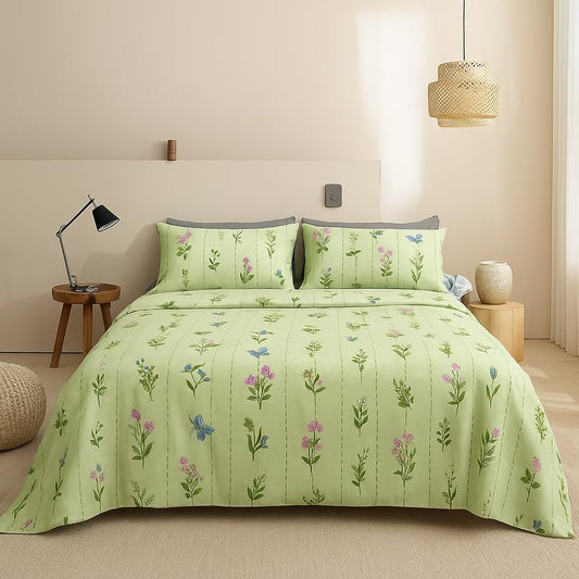 SANMARINO 300 TC Microfiber XXL Soft Cotton Super King Size Bedsheet | 275 x 275 cm | Floral Olive Green