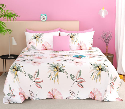 SANMARINO King Size Bedsheet | Cloud Cotton Flatsheet King Size with Two Pillow Covers | 280 TC | Super Soft Bed Sheet for King Size Bed | Floral Design (254 x 230 cm, White & Green)