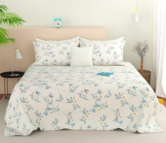 SANMARINO Cloud Cotton King Size Bedsheet – 280 TC Floral Design (Blue & White)