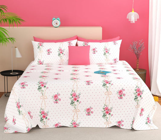 SANMARINO Cloud Cotton King Size Bedsheet – 280 TC Floral Design (White Pink Rose)