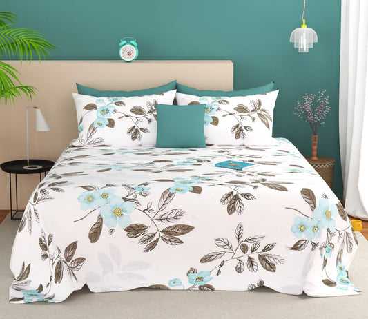 SANMARINO Cloud Cotton King Size Bedsheet – 280 TC Floral Design (White & Blue)